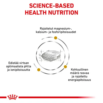 Teksti: SCIENCE-BASED HEALTH NUTRITION. Rajoitetut magnesium-, kalsium- ja fosforipitoisuudet. Edistää virtsan optimaalista pH:ta ja ionipitoisuutta. Kohtuullinen määrä rasvaa ja rajoitettu energiapitoisuus.