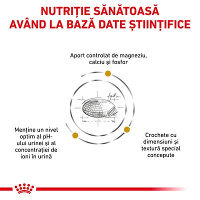 Nutriție sănătoasă având la bază date științifice. Aport controlat de magneziu, calciu și fosfor. Menține un nivel optim al pH-ului urinei. Crochete cu dimensiuni și textură special concepute.