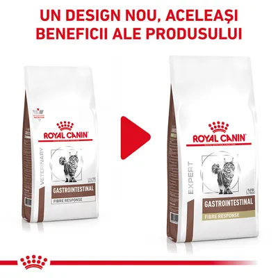 Royal Canin Gastrointestinal Fibre Response pentru pisici, ambalaj vechi și nou. Text: Un design nou, aceleași beneficii ale produsului.