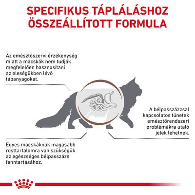 Specifikus tápláláshoz összeállított formula. Emésztőrendszeri érzékenység, bélpasszázs problémák és magasabb rosttartalom szükségessége macskáknál. Magyar nyelvű szöveg.