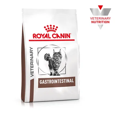 Royal Canin Veterinary Gastrointestinal cat food, packaging with cat and Veterinary Nutrition logo.