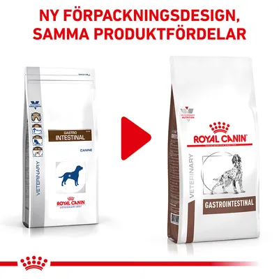 Ny förpackningsdesign, samma produktfördelar. Bild på två hundfoderpåsar: Royal Canin Gastro Intestinal och Royal Canin Gastrointestinal med olika design.