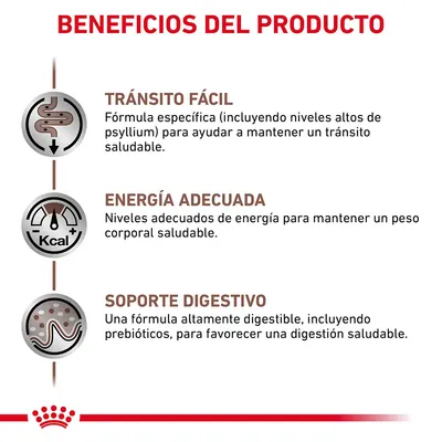 Beneficios del producto: tránsito fácil, energía adecuada y soporte digestivo. Incluye detalles sobre fórmula específica, niveles de energía y prebioticos para la digestión.