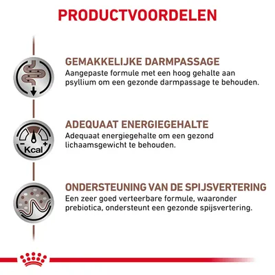 Productvoordelen: gemakkelijke darmpassage, adequaat energiegehalte, ondersteuning van de spijsvertering. Tekst over psyllium, energiewaarde en prebiotica voor gezonde spijsvertering.