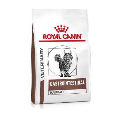 Balení s textem ROYAL CANIN, VETERINARY, GASTROINTESTINAL, HAIRBALL a obrázkem kočky na přední straně. Balení s textem ROYAL CANIN, VETERINARY, GASTROINTESTINAL, HAIRBALL a obrázkem kočky na přední straně.