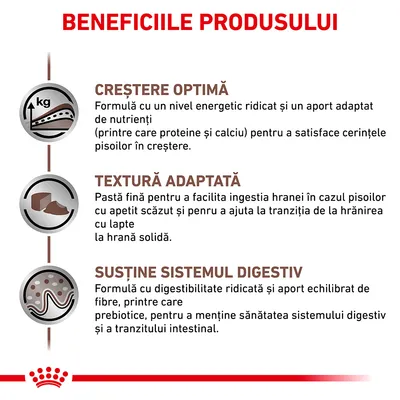Beneficiile produsului: creștere optimă, textură adaptată, susține sistemul digestiv. Text explicativ despre aport de nutrienți, pastă fină și digestibilitate ridicată.