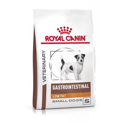 Royal Canin VETERINARY GASTROINTESTINAL LOW FAT SMALL DOGS S hundefoderpose med billede af lille hund. Synlig tekst: Gastrointestinal, Low Fat, Small Dogs.
