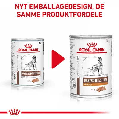 NYT EMBALLAGEDESIGN, DE SAMME PRODUKTFORDELE. To dåser Royal Canin Gastrointestinal Low Fat hundefoder vises med forskelligt emballagedesign.