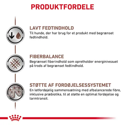 PRODUKTFORDELE: Lavt fedtindhold, fiberbalance og støtte af fordøjelsessystemet. Beskrivelser om begrænset fedt, energiniveau og letfordøjelige fibre med præbiotika til hunde.