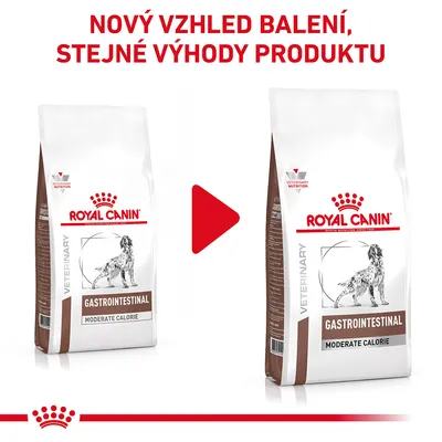 ROYAL CANIN GASTROINTESTINAL MODERATE CALORIE, nový vzhled balení, stejné výhody produktu. Dvě balení vedle sebe s šipkou mezi nimi.