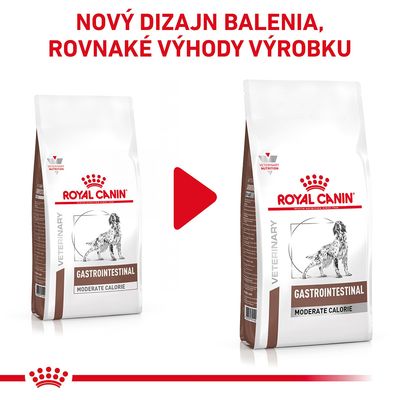 Nový dizajn balenia Royal Canin Gastrointestinal Moderate Calorie, rovnaké výhody výrobku. Zobrazené staré a nové balenie s logom a názvom produktu.