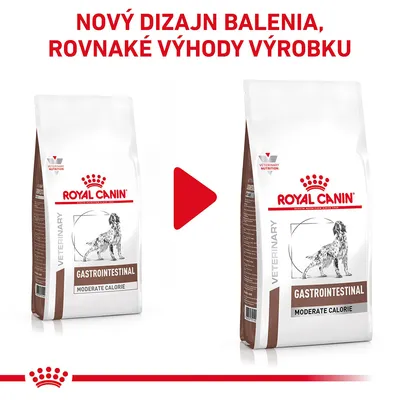 Nový dizajn balenia Royal Canin Gastrointestinal Moderate Calorie, rovnaké výhody výrobku. Zobrazené staré a nové balenie s logom a názvom produktu.