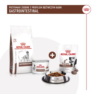 Royal Canin Gastrointestinal: sucha karma, mokra karma w puszce i przysmaki dla psów, widoczne opakowania z nazwą produktu oraz miska z karmą.