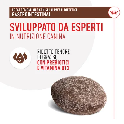 Sviluppato da esperti in nutrizione canina. Ridotto tenore di grassi, con prebiotici e vitamina B12. Treat compatibile con gli alimenti dietetici gastrointestinal. Simbolo fat.