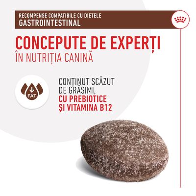Recompense compatibile cu dietele gastrointestinale, concepute de experți în nutriția canină. Conținut scăzut de grăsimi, cu prebiotice și vitamina B12. Imaginea prezintă o recompensă.