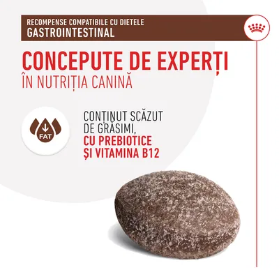 Recompense compatibile cu dietele gastrointestinale, concepute de experți în nutriția canină. Conținut scăzut de grăsimi, cu prebiotice și vitamina B12. Imaginea prezintă o recompensă.