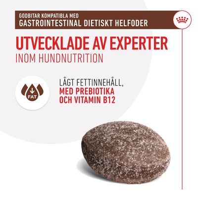 Text: Godbitar kompatibla med gastrointestinal dietiskt helfoder. Utvecklade av experter inom hundnutrition. Lågt fettinnehåll, med prebiotika och vitamin B12. Bild på ett brunt foderbit.