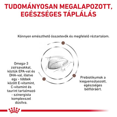 TUDOMÁNYOSAN MEGALAPOZOTT, EGÉSZSÉGES TÁPLÁLÁS. Könnyen emészthető összetevők, megfelelő réztartalom, omega-3 zsírsavak, E- és C-vitamin, taurin, prebiotikumok a bélflóráért.