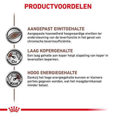 Productvoordelen: aangepast eiwitgehalte voor leverfunctie, laag kopergehalte ter beperking van koperstapeling, hoog energiegehalte voor kleinere porties en minder belasting.