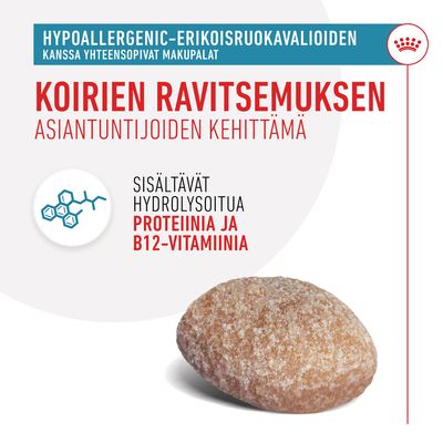 Koirien ravitsemuksen asiantuntijoiden kehittämä. Sisältävät hydrolysoitua proteiinia ja B12-vitamiinia. Hypoallergenic-erikoisruokavalioiden kanssa yhteensopivat makupalat.