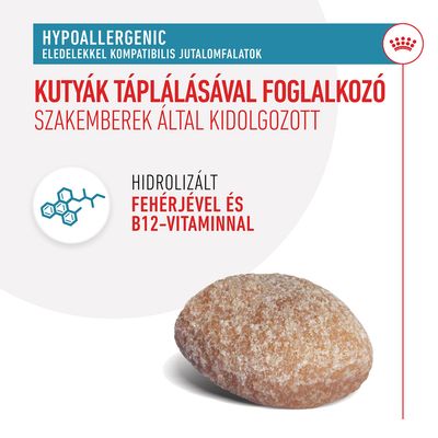 Hypoallergenic eledellekkel kompatibilis jutalomfalat kutyáknak, hidrolizált fehérjével és B12-vitaminnal. Kutyák táplálásával foglalkozó szakemberek által kidolgozott.