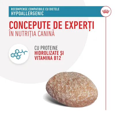 Recompense compatibile cu dietele hypoallergenic, concepute de experți în nutriția canină, cu proteine hidrolizate și vitamina B12. Imagine cu o recompensă pentru câini.