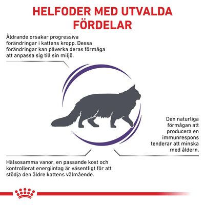 Helfoder med utvalda fördelar. Åldrande orsakar förändringar i kattens kropp och immunförsvar. Hälsosamma vanor, rätt kost och energikontroll är viktiga för äldre katters välmående.