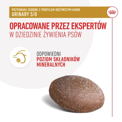 Opracowane przez ekspertów w dziedzinie żywienia psów. Przysmaki zgodne z profilem odżywczym karm Urinary S/O. Odpowiedni poziom składników mineralnych.