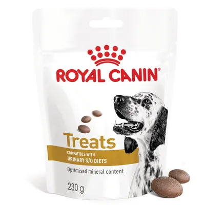 Royal Canin Treats, 230 g. Teksti: Compatible with Urinary S/O Diets, Optimised mineral content. Kuvassa koira ja ruskeita makupaloja.