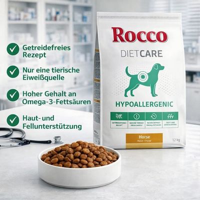 Rocco Diet Care Hypoallergenic Hundefutter, Pferd, 12kg. Getreidefrei, tierisches Einzelprotein, reich an Omega-3-Fettsäuren, unterstützt Haut und Fell.