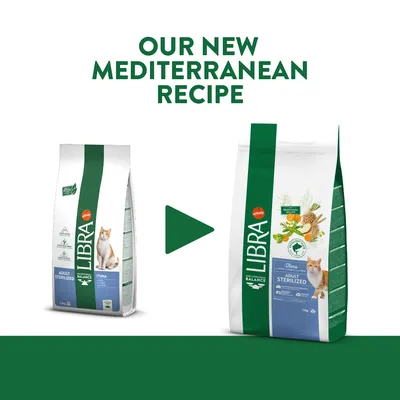 Libra Adult Sterilized Tuna cat food packaging change, old and new bags shown side by side with text: Our New Mediterranean Recipe Libra Adult Sterilized Tuna cat food packaging change, old and new bags shown side by side with text: Our New Mediterranean Recipe