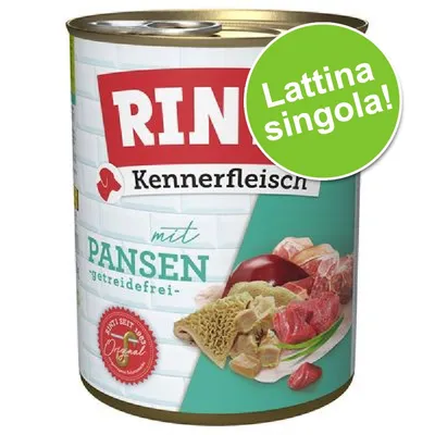 Rinti Kennerfleisch mit Pansen, lattina singola. Testo visibile: 'getreidefrei', immagine di carne e trippa sulla confezione.