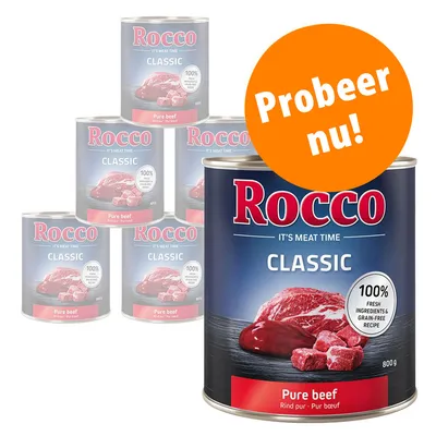 Rocco Classic hondenvoer blik, Pure beef, 800 g. Tekst op oranje cirkel: Probeer nu! Op het etiket: 100% fresh ingredients & grain-free recipe.