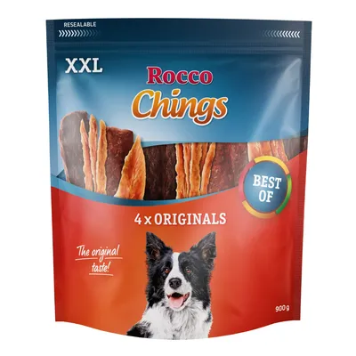 Rocco Chings 4 x Originals XXL, BEST OF, sachet refermable 900 g avec illustration de chien et morceaux visibles. Texte : The original taste!