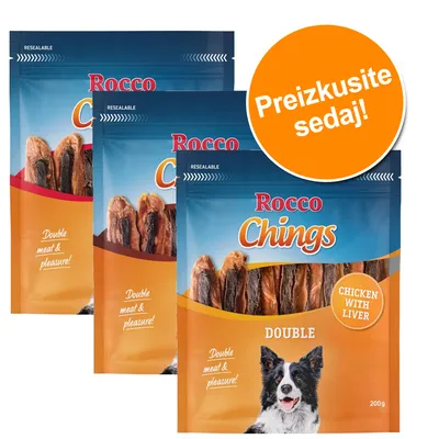Rocco Chings Double, piščanec z jetri, 200 g. Na embalaži napis: Double meat & pleasure! in Preizkusite sedaj! Rocco Chings Double, piščanec z jetri, 200 g. Na embalaži napis: Double meat & pleasure! in Preizkusite sedaj!