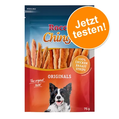 Rocco Chings Originals, 100% Chicken Breast Strips, 75g. Jetzt testen! Verpackung mit Hundebild und resealable Hinweis.
