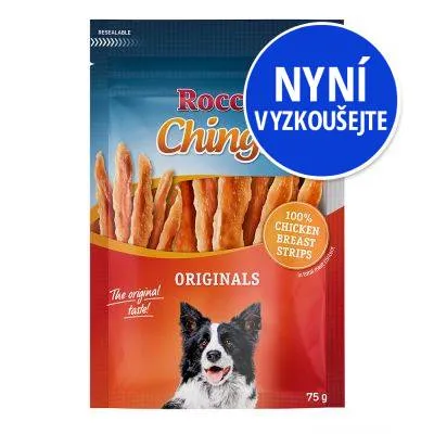 Rocco Chings Originals 100% Chicken Breast Strips, balení 75 g, nápis NYNÍ VYZKOUŠEJTE na modrém kruhu, obrázek psa na obalu.