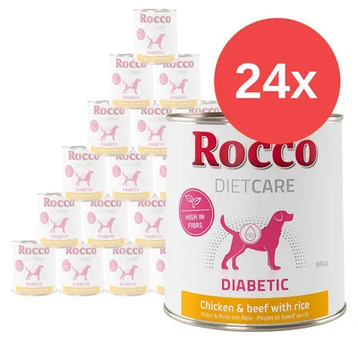Confezione da 24 lattine Rocco Diet Care Diabetic, pollo e manzo con riso, 800 g, alto contenuto di fibre. Testo visibile: 'High in fibre', 'Chicken & beef with rice'.
