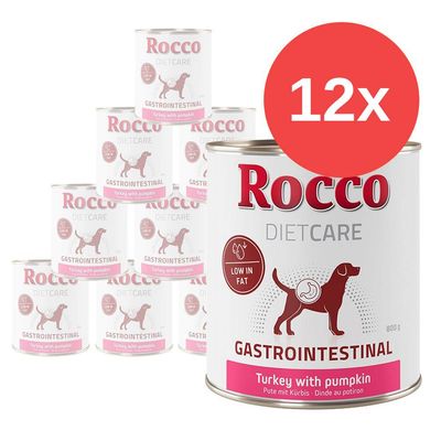 12 lattine Rocco Diet Care Gastrointestinal, tacchino con zucca, 800 g, basso contenuto di grassi. Testo visibile: Turkey with pumpkin, Low in fat.