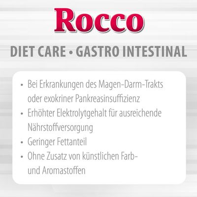 Rocco Diet Care Gastro Intestinal: при заболеваниях желудочно-кишечного тракта, повышенное содержание электролитов, низкое содержание жира, без искусственных красителей и ароматизаторов.