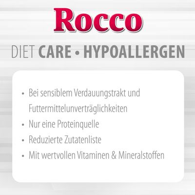 Rocco DIET CARE HYPOALLERGEN: Bei sensiblem Verdauungstrakt und Futterunverträglichkeiten, nur eine Proteinquelle, reduzierte Zutatenliste, mit wertvollen Vitaminen & Mineralstoffen.
