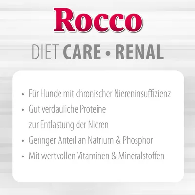 Rocco DIET CARE RENAL. Text în germană: Für Hunde mit chronischer Niereninsuffizienz, gut verdauliche Proteine, geringer Anteil an Natrium & Phosphor, wertvollen Vitaminen & Mineralstoffen.