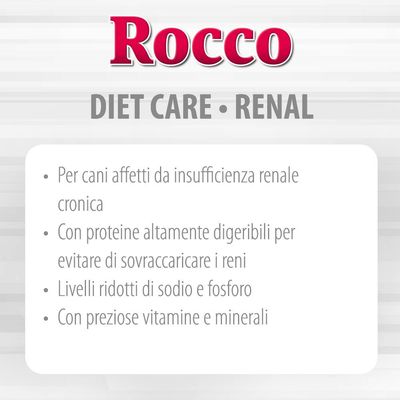 Rocco DIET CARE RENAL. Per cani affetti da insufficienza renale cronica, proteine altamente digeribili, livelli ridotti di sodio e fosforo, vitamine e minerali.
