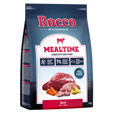 Rocco Mealtime Complete hondenvoer, rund. Graanvrij recept, 70% dierlijke ingrediënten, rijk aan vers rundvlees. Verpakkingsgrootte: 1 kg.