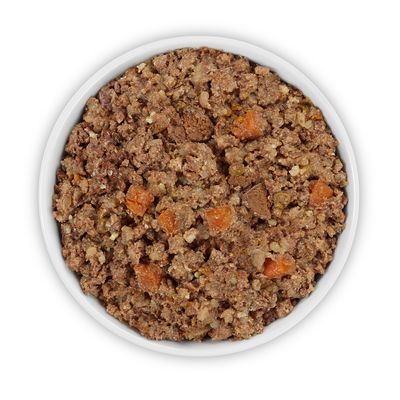 Rocco Menu -koiranruokasäilyke, 24 x 800 g. Etiketissä naudanlihaa, siipikarjaa, vihanneksia ja riisiä. Teksti: Enriched with carbohydrates. Pääväri vihreä.