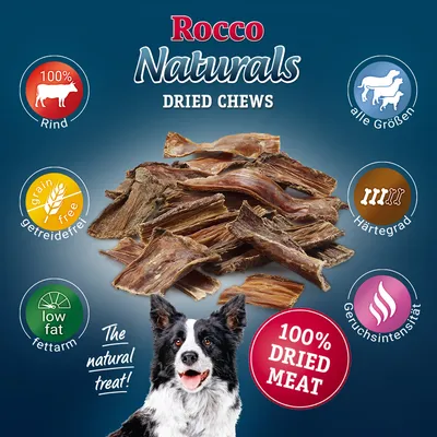 Rocco Naturals Dried Chews, 100% Rind, grain free, low fat, 100% dried meat. Texte en anglais et allemand : alle Größen, Härtegrad, Geruchsintensität, getreidefrei, fettarm.