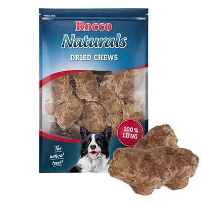 Rocco Naturals Dried Chews, sachet avec morceaux de friandises séchées, texte visible : 100% lung, The natural treat! Illustration d’un chien en bas du paquet.