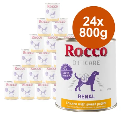 Rocco Diet Care Renal, pui cu cartof dulce, conținut scăzut de proteine, 24x 800g conserve. Hrană specială pentru câini cu probleme renale.