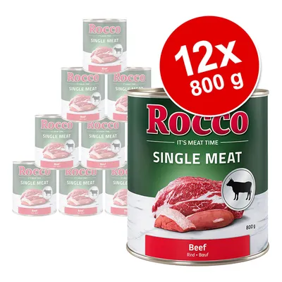 Rocco Single Meat Beef, balení 12×800 g. Na etiketě je vyobrazen kus hovězího masa a silueta krávy. Text: Rocco, SINGLE MEAT, Beef, 800 g.