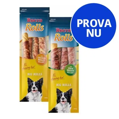 Två förpackningar Rocco Rolls Big Rolls, en med texten 'Chicken Breast Fillet', en med 'Duck Breast Fillet'. Blå cirkel med vit text: PROVA NU. Två förpackningar Rocco Rolls Big Rolls, en med texten 'Chicken Breast Fillet', en med 'Duck Breast Fillet'. Blå cirkel med vit text: PROVA NU.